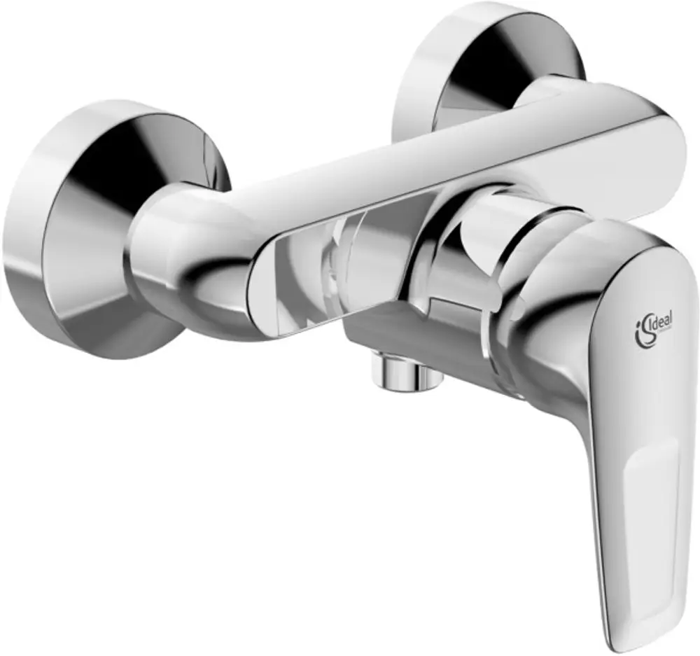 Wandmontierte Brausearmatur in Chromausführung von Ideal Standard mit einem schlanken Design und einem seitlichen Griff zur Regulierung des Wasserflusses.
